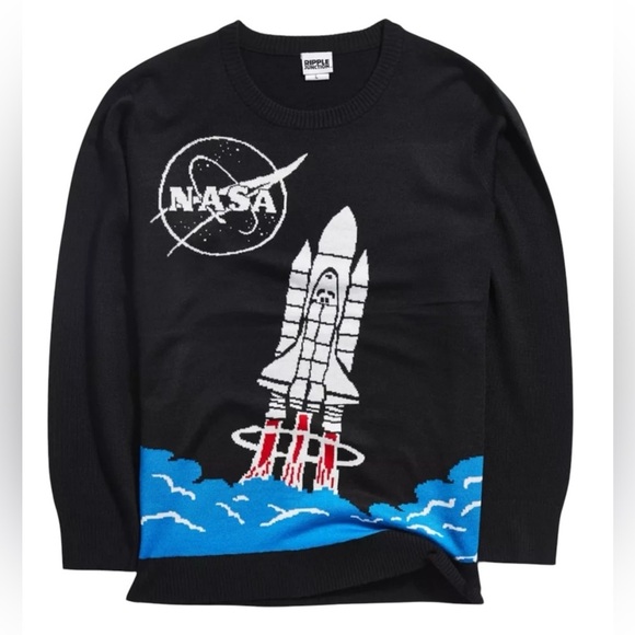 NASA Black Crewneck Sweater with Rocket Design by Ripple Junction - Picture 1 of 15